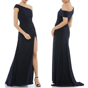 Abito Mac Duggal donna 26517 blu navy increspato pieghevole spalle scoperte spacco coscia 6 - Foto 1 di 8
