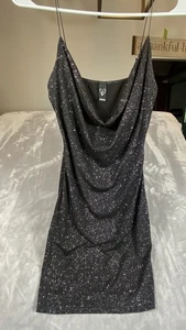 WINDSOR Black Sparked Party Cocktail Mini Dress XS Cowl Neck Slip Spaghetti Sexy - Picture 1 of 11