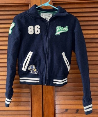Chaqueta Letterman ROSA Victorias Secret Azul Cremallera Completa Mezcla Lana X-Pequeña XS Foto 1 de 4