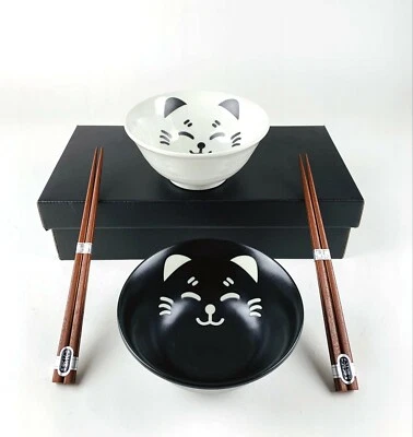 Japanese Porcelain Soup Bowls Smiling Cat Chopsticks Gift Set Black White 4693 - Image 1 of 4