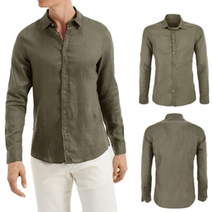 Camicia Lino Uomo Casual Camicie Manica Lunga Slim Fit Bianca Celeste VEQUE - Imagen 1 de 52