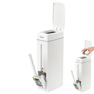 Trash Can With Toilet Brush Holder Garbage Can Press Top Lid For Bathroom White - Picture 1 of 11