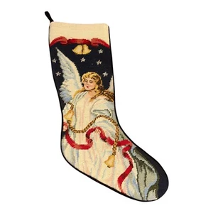 Medias de Navidad Lands End Needlepoint ángel en blanco azul marino descontinuadas 1427 - Imagen 1 de 7