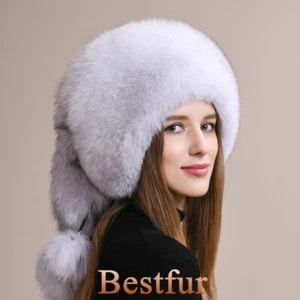 Unisex Full Covered Real Fox Fur Hat Russian Warm Ushanka Cossack Hunter Ski Cap - Picture 1 of 14