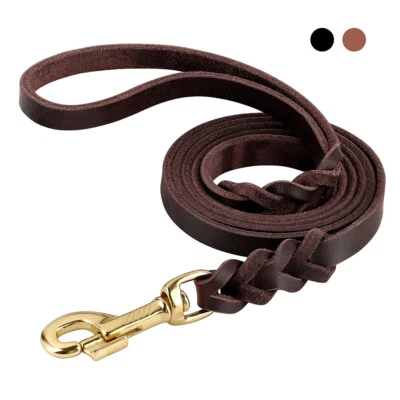 5ft Braided Genuine Leather Dog Leash Pet Walking Training Lead Rope Brown Black - Image 1 of 4