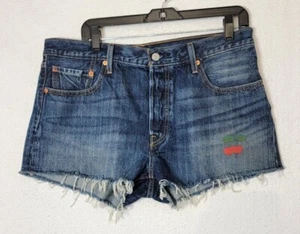 Levi's 501 Women's 32 Cherry Embroidered Button Fly Cut Off Denim Jean Shorts - Picture 1 of 11