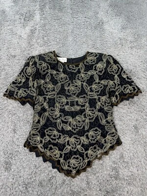 Laurence Kazar Top Womens Large Black Sparkly Sequin Beaded Fairy Goth Vtg - Image 1 of 4