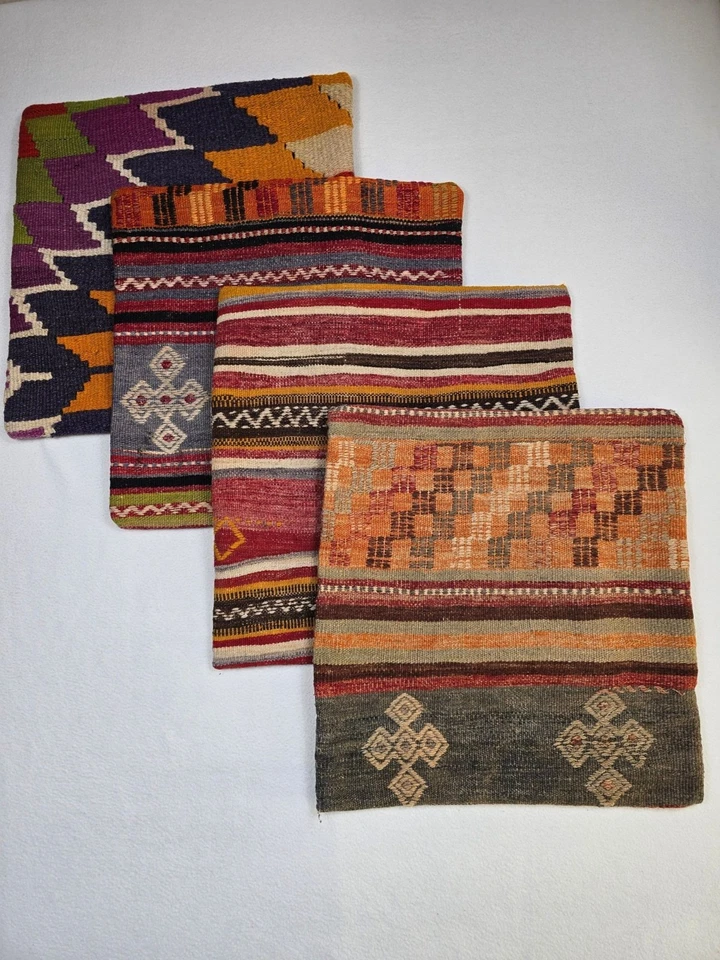 4 Fundas de Almohada Kilim 19"x19" Étnicas Boho Lana Yute Marroquí Indio Geométrico Foto 1 de 3