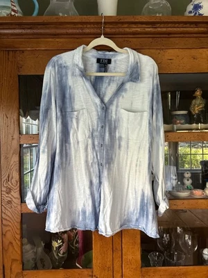 Blusa de mezclilla francesa azul blanca con botones manga lengüeta enrollable XXL usada en excelente estado FDJ Foto 1 de 4