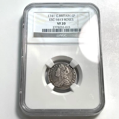 1741 Георг II Шестипенсовые Розы 6P NGC Очень хорошее состояние Детали Серебро Великобритания Англия - Изображение 1 из 4