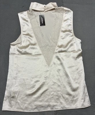 Blusa Express Studio Champagne Sedosa Cuello Alto Sin Mangas Encaje 2 Vías Talla XS Nueva Foto 1 de 4