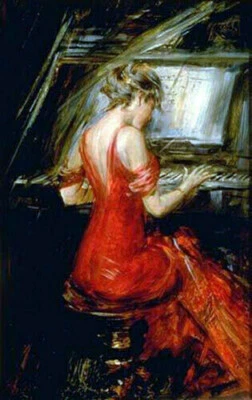 ZOPT0451 vestido rojo pintado hecho a mano niña tocando el piano pintura al óleo arte lienzo Foto 1 de 2