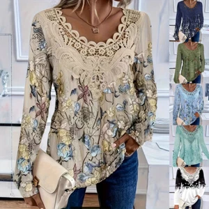 Plus Size Womens Boho Floral Tunic Tops Long Sleeve Vintage Lace T Shirt Blouse - Picture 1 of 23