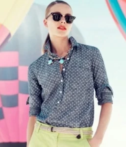 J. Crew Womens Blue Dot Chambray Lightweight Popover Top Blouse Size 6 - Picture 1 of 8