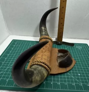 Vtg Wall Mount Real Cattle Steer Horns & Hooves Leather Tooled Bind Mid Century - Picture 1 of 14