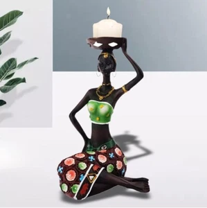 African Women Statue Tea Light Candlestick Candle Holder Art Piece Table - Picture 1 of 12