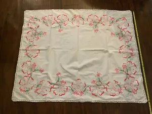 Vintage Hand Embroidered Tablecloth 44.5” X 36” White Pink Green Floral - Picture 1 of 12