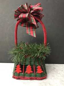 Christmas Basket with Wooden Christmas Trees and Evergreen Trim - Picture 1 of 8