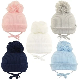 Babymütze große Bommel Bommel Kinn Krawatte Vlies gefüttert gestrickte Beanie Junge Mädchen 0-18 - Bild 1 von 39