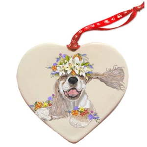 Cocker Spaniel Porcelain Floral Heart Shaped Ornament Double-Sided - Picture 1 of 2