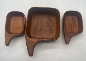 Sowe Konst Teak Bowl Set 1 Large 2 Small Square Scoop Bowls MCM Made In Sweden - Picture 1 of 12
