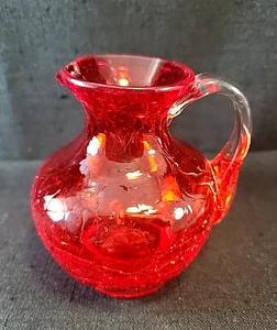 Vintage Pilgrim Handblown Red Crackle Glass 3.5 Inch Pitcher W/ Clear Handle - Picture 1 of 5