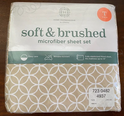 ¡NUEVO!  Juego de sábanas de microfibra JCPenney, doble, bronceado/marrón claro estampado círculos beige Foto 1 de 4