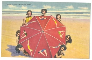 BATHING BEAUTIES Hide Behind DIVING LADIES UMBRELLA - Rare 1940s Linen Postcard - Picture 1 of 2