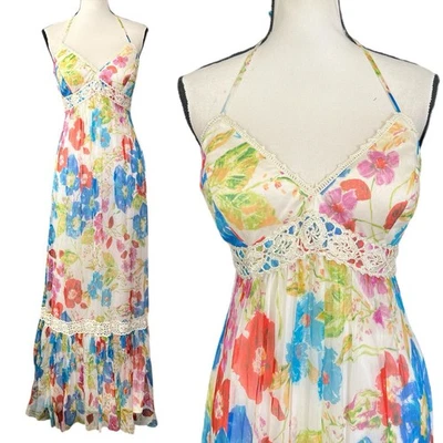 Vintage 90s Y2K Sue Wong Silk Sheer Mesh Floral & Crochet Maxi Halter Dress 12 L - Image 1 of 4