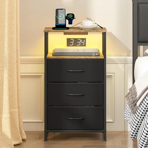 Ufurniture LED Nightstand with Charging Station 3 Fabric Drawers Black&Brown - Picture 1 of 8