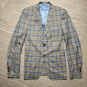 Beckenstein Bespoke Ariston Super 130s Wool Blazer Check Beige Blue 42 Tall - Picture 1 of 11
