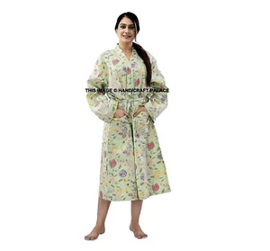 Handblock Printed Women's Kimono Bath Robe Gown Nightwear Free Size Cotton India - Picture 1 of 4