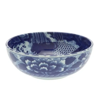 Tazón de fideos de sopa de arroz japonés 7,75"D porcelana azul carpa koi hecho en Japón Foto 1 de 2