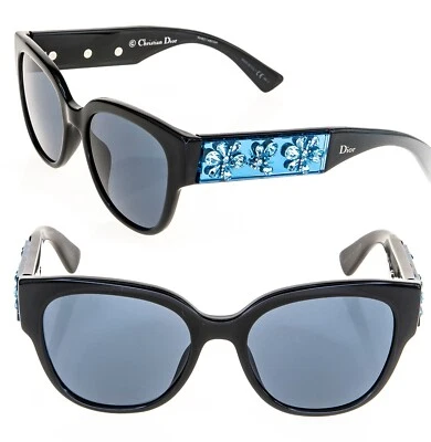 CHRISTIAN DIOR MERCURIAL Black Blue Crystal Floral Rhinestone Chunky Sunglasses - Image 1 of 4