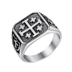 Stainless Steel Jerusalem Cross Ring for Men Vintage Religious Pinky Signet Band - Picture 1 of 7