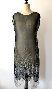 WILLIAM VINTAGE Haute Couture 1920s Black Silk Beaded Flapper Dress RP £1700 VGC