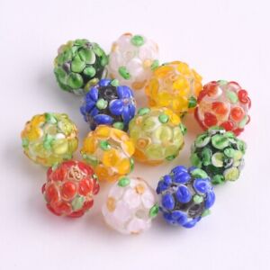 5PCS Round 12mm Handmade Flower Lampwork Glass Charm Loose Beads DIY Jewelry