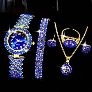 Women Blue Watch & Ring & Earrings & Necklace Luxury Fashion Gift Jewelry Set - Picture 1 of 5