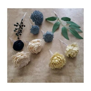 10PC Yellow Dusty Blue Wedding Cake Flower Set Sola Wood DIY Navy Dessert Decor - Picture 1 of 1