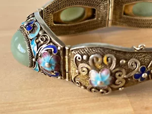 Armband Cloisonne Emaille Blumendekor grüne Jade Silber vergoldet China Silver - Bild 1 von 9