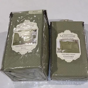 Diamond Matelasse Collection FULL Bed Skirt & 1 Matching Sham Green NEW - Picture 1 of 8