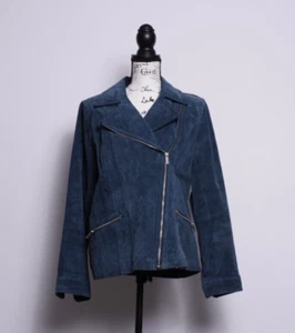 DENNIS BASSO~Washable Suede Leather Motorcycle (Moto) Jacket Coat - Blue Size M - Picture 1 of 8