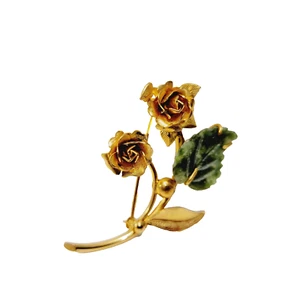 Sorrent gemarkt 1/20 12k goldfarben Blatt grüne Jade Rosen Blumen Brosche Anstecknadel - Bild 1 von 7