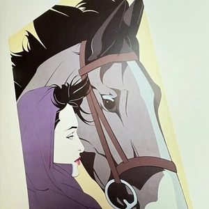 Patrick Nagel De Colección Impresión de Papel Mujer Con Caballo Fuerte Púrpura Negro Pop Art Decoración - Imagen 1 de 7