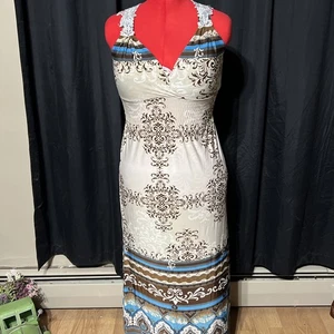 Maxi Vestido Solero Halter Crochet Cintura Ceñida Marrón Azul Paisley Talla M Usado en Excelente Condición - Imagen 1 de 8