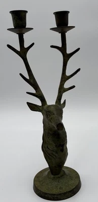 De colección CABEZA DE CIERVO DE LATÓN/cercadura reno doble candelabro 13" de alto pátina pesada Foto 1 de 4