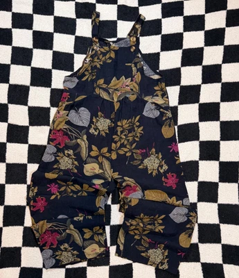 womens floral navy blue wide leg overalls with adjustable straps size xs - Image 1 of 4