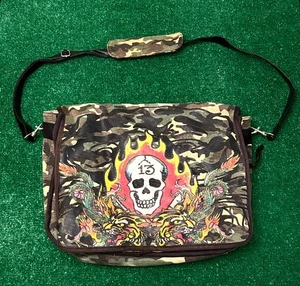 Vintage Y2K Ed Hardy Skull Flames Tattoo Camo Messenger Side Bag Rare 2000s VTG - Picture 1 of 5