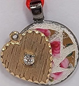 Mosaic Handmade Pink & Gold Background, Big Gold Heart Pendant Embellished - Picture 1 of 4