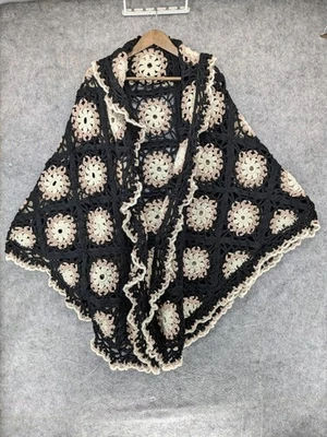 Vintage Handmade Crochet Shawl Womens Black Beige Granny Square Wrap Cottage - Image 1 of 4